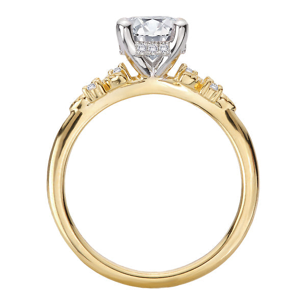 Round Semi-Mount Diamond Engagement Ring with Hidden Halo and Leaf Design