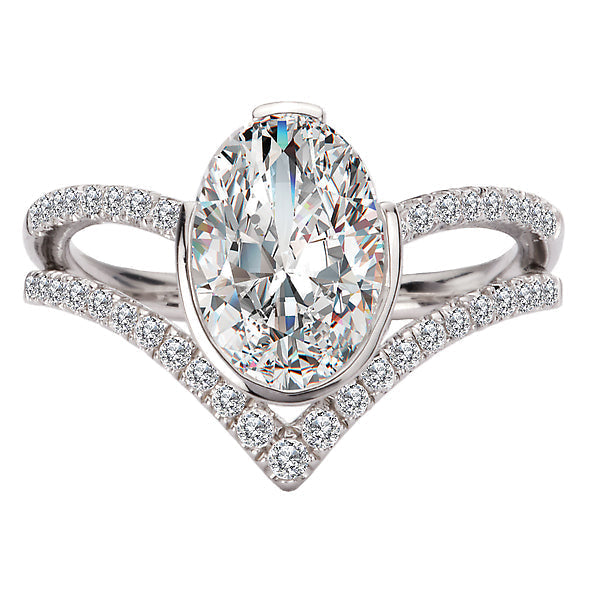 Oval Diamond Split V-Curved Semi-Mount Diamond Ring