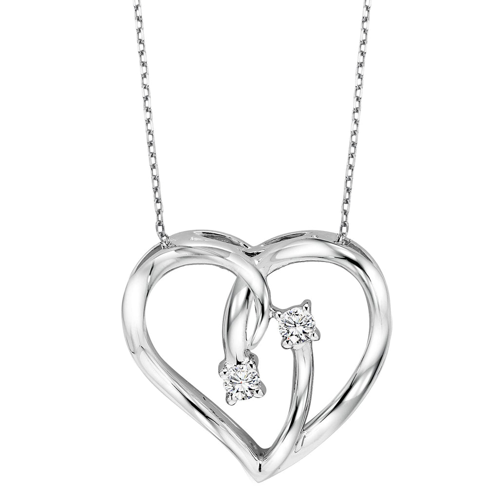 diamond 2-stone open ribbon heart pendant necklace in sterling silver